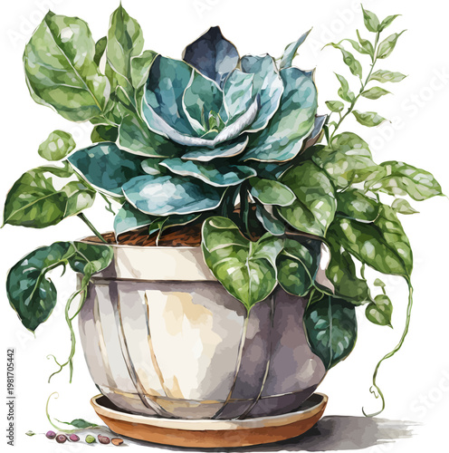 Watercolor Succulent and Foliage Arrangement in White Ceramic Pot Clipart
