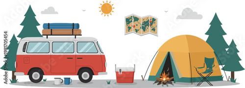 Red van with tent and campfire in forest on sunny day with trees and clouds