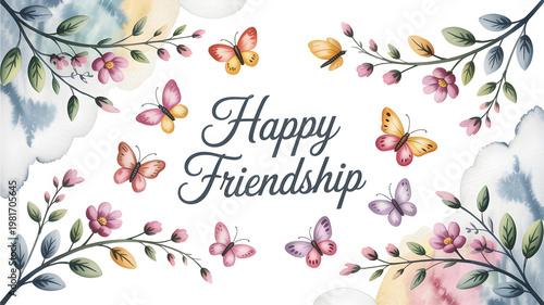 Happy Friendship watercolor banner illustration with blooming flowers, green leaves and colorful butterflies, perfect for greeting cards, invitations, and celebrating special bonds.