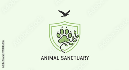 Animal Sanctuary Logo: Paw Print, Shield, Bird Silhouette, Greenery