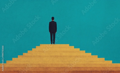 businessman standing top stairs looking bright blue wall business success transformation journey growth ambition leadership concept