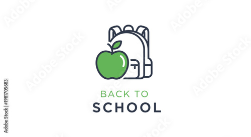 Back to School Backpack and Apple Icon, Education Concept, Simple Line Art