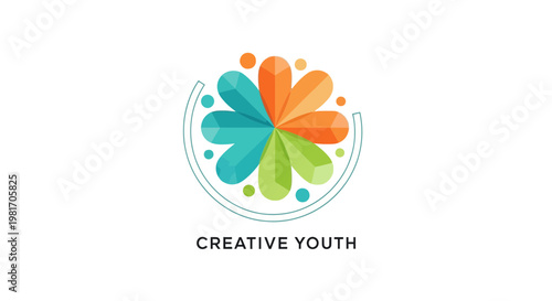 Colorful abstract flower logo with creative youth text, vibrant petals and dots