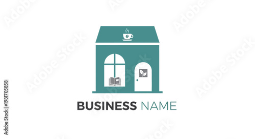 Cozy Bookstore Cafe Logo: House with Coffee Cup and Open Book