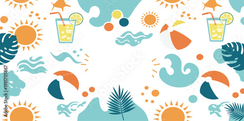 Vibrant summer background with tropical leaves and drinks on white