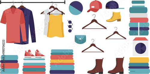 Colorful clothing and accessories laid out on a white background for organization or travel planning