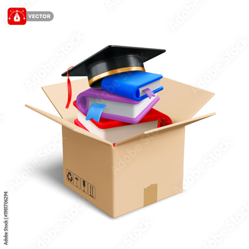 Books and mortarboard in the delivery cardboard box. Book shopping. Education online concept. Selling training courses. 3d vector illustration