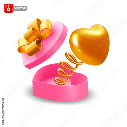Pink heart, popping out of open heart shaped box on a spring. Concept of surprise, love, prank, unexpected, sudden, pleasant event. Valentines Day greeting. 3D vector illustration. Isolated on white