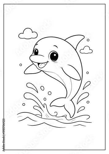 cartoon coloring page of a cute dolphin jumping in the water.