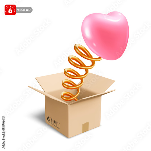 Pink heart, popping out of an open cardboard delivery box on a spring. Concept of surprise, love, prank, unexpected, sudden event. 3D vector illustration. Isolated on white