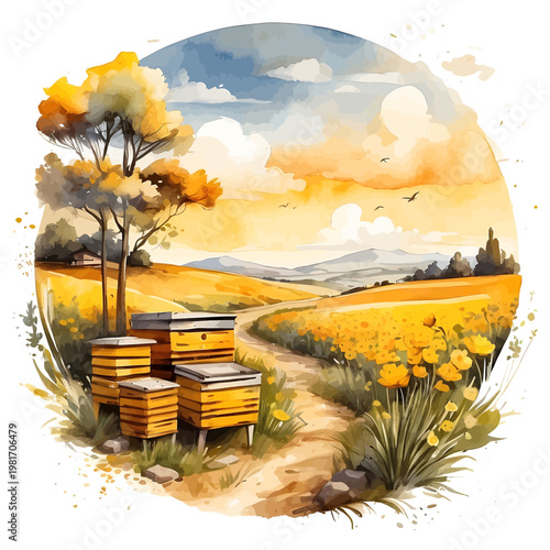 Watercolor Rural Apiary Landscape with Wooden Beehives in Meadow at Sunset Clipart