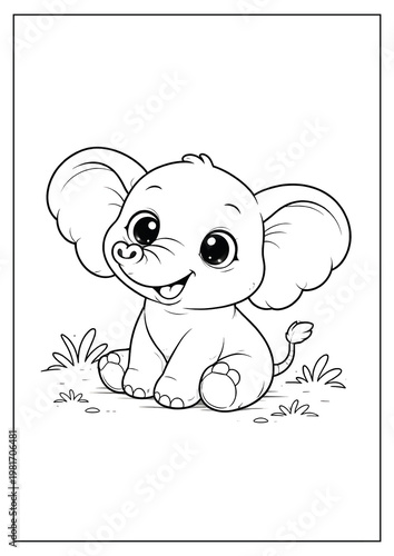 cartoon coloring page of a cute elephant playing.