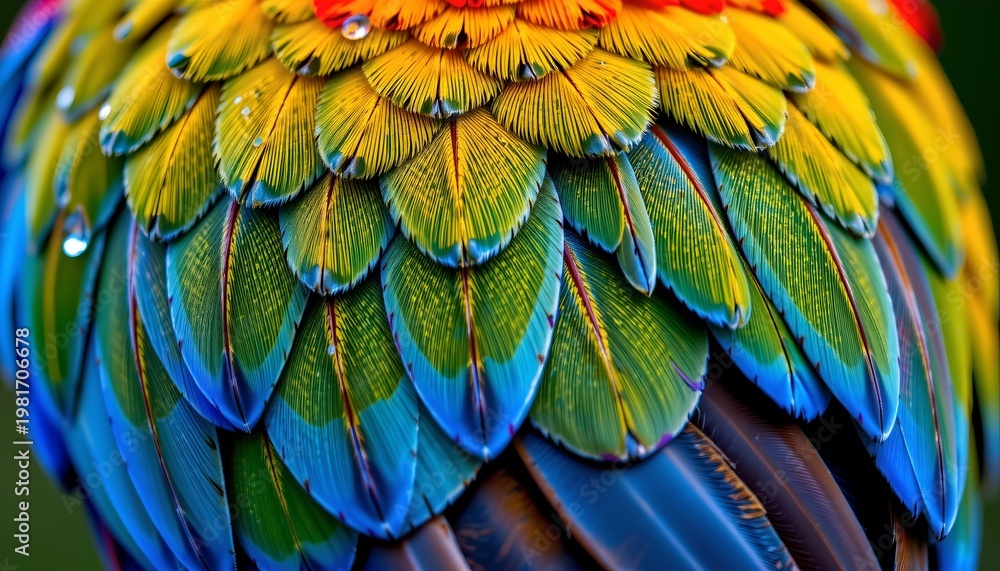 Obraz premium The image features a close up view of a bird's plumage, showcasing an intricate and vibrant arrangement of feathers