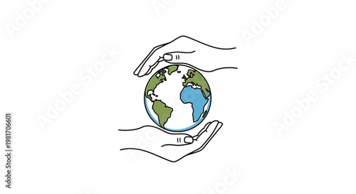 Hands Protecting Planet Earth, Global Care Concept, Line Art Illustration