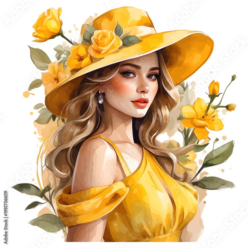 Watercolor Portrait of Beautiful Young Woman in Yellow Sun Hat and Dress with Roses