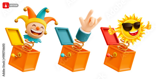 Laughing jester, hand, making a rock sign and smiling sun are popping out from box. Jack in the box. Prank for Birthday. Funny toy jumping out from parcel. Surprise concept. 3d vector illustration