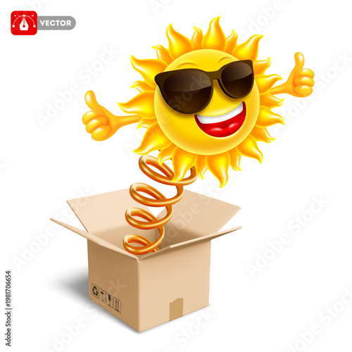 Smiling sun, popping out of an open cardboard delivery box on a spring. Concept of surprise, prank, vacation or travel, unexpected voyage, pleasant event. Reward or winnings. 3D vector illustration