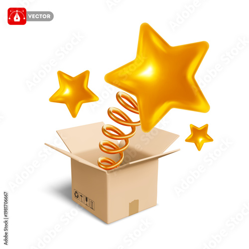 Golden star, popping out of an open cardboard delivery box on a spring. Concept of surprise, prank, unexpected, sudden, pleasant event. Reward or winnings. 3D vector illustration. Isolated on white
