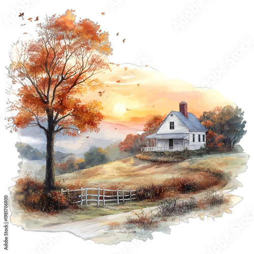 Watercolor Rural Sunset Landscape with Country Cottage and Autumn Tree Clipart