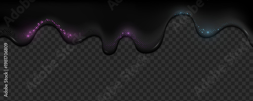 Black liquid with purple and blue glitters on a transparent dark background. 3D fluid shape for your graphic design or template. Vector illustration.