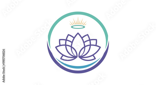 Lotus Flower Logo with Halo and Sun Rays, Spiritual and Wellness Symbol
