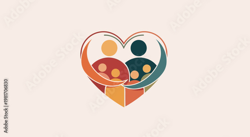 Loving family heart symbol, abstract people figures, unity and care concept