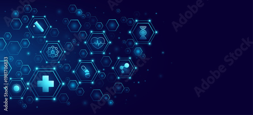 Medical tech diagram featuring interconnected glowing hexagons with healthcare icons on dark blue background. Digital health concept for medicine or scientific biotech presentation. Vector.