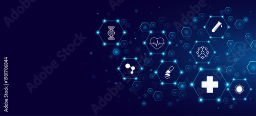 Medical modern diagram featuring interconnected glowing hexagons with healthcare icons on dark blue background. Digital health concept for medicine or scientific biotech presentation. Vector.