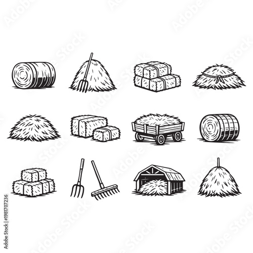 Agricultural hay and straw icons vector
