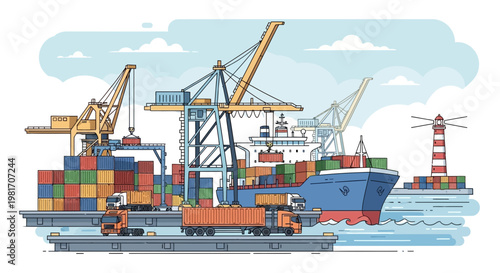 Cargo ship loading containers at busy port with cranes and trucks, logistics concept