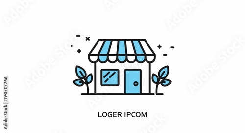 Small Storefront Icon with Blue Door and Plants, Minimalist Business Concept