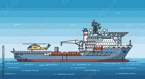 Cargo Ship with Helicopter on Deck, Illustration, Pixel Art Style