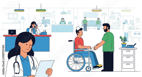 Hospital scene with doctors, patient in wheelchair, medical staff and reception desk.