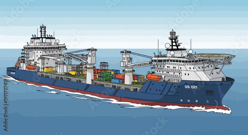 Modern Supply Vessel with Containers in Ocean - Industrial Marine Transport