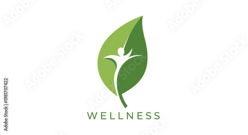 Wellness logo: human figure inside a green leaf, symbolizing health and nature