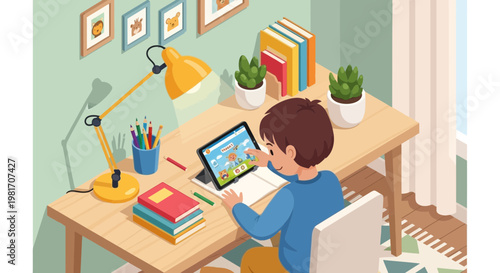 Boy learning on tablet at desk with books and lamp, studying at home
