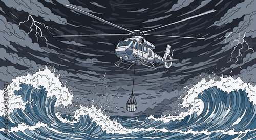 Helicopter rescue mission during storm, pixel art style, saving people from rough sea waves and lightning.