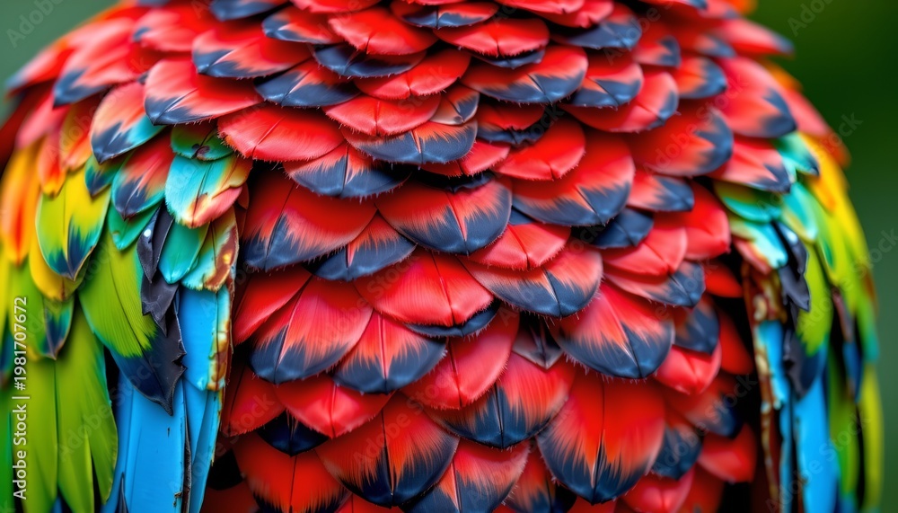 Obraz premium The image features a close up view of a bird's vibrant and colorful plumage, with layers of overlapping feathers
