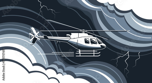 Helicopter flying through stormy weather with lightning and dark clouds