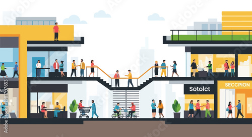 Modern Shopping Mall with Diverse People and Architecture