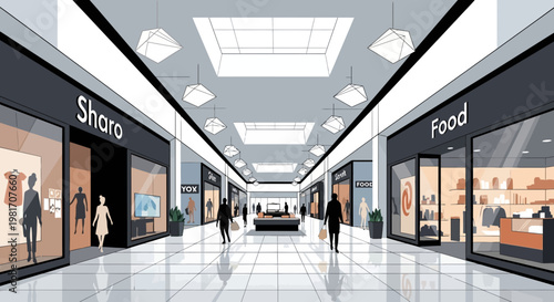 Modern Shopping Mall Interior with Retail Stores and Shoppers