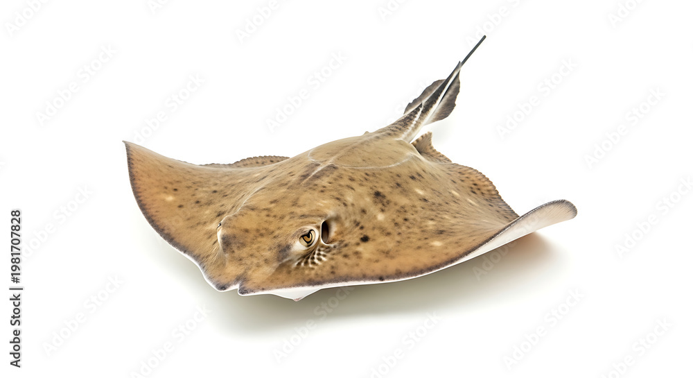 Fototapeta premium Beautiful brown aquatic ray resting on a clean white background, showcasing its unique form and marine elegance