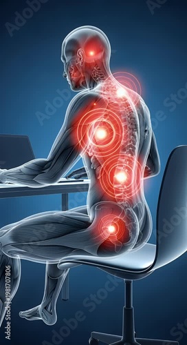 Human body depiction highlighting pain points in spinal area