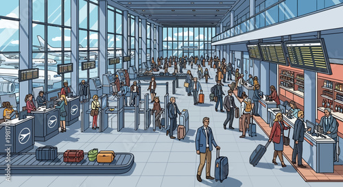 Busy airport terminal interior with travelers, check-in counters, and departure boards.