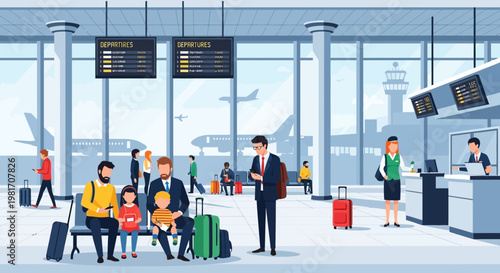 Modern Airport Terminal with Travelers Waiting for Flights, Departure Boards, and Check-in Counters