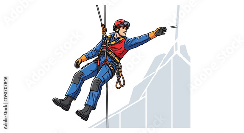 Rope Access Technician Descending Building Facade with Safety Harness and Gear