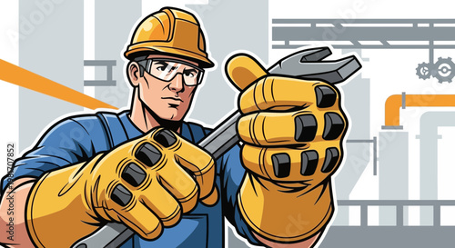Skilled craftsman holding a wrench in industrial setting