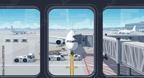 Airplane at airport gate with jet bridge and ground crew, view from window