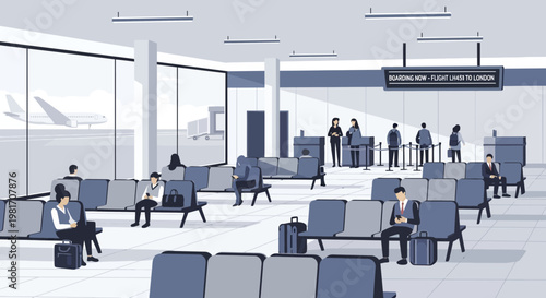 People waiting in modern airport departure lounge, boarding gate area, flight information display