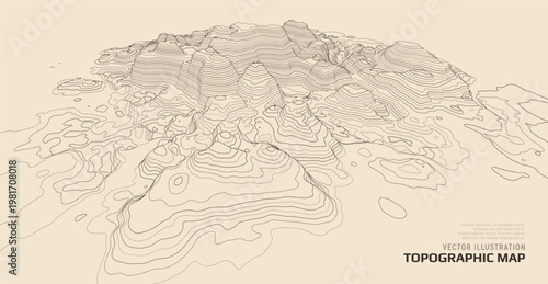 3D topographic map. Geographic contour map background with elevation lines. Detailed terrain visualization concept. Vector illustration of landscape elevations and natural relief.